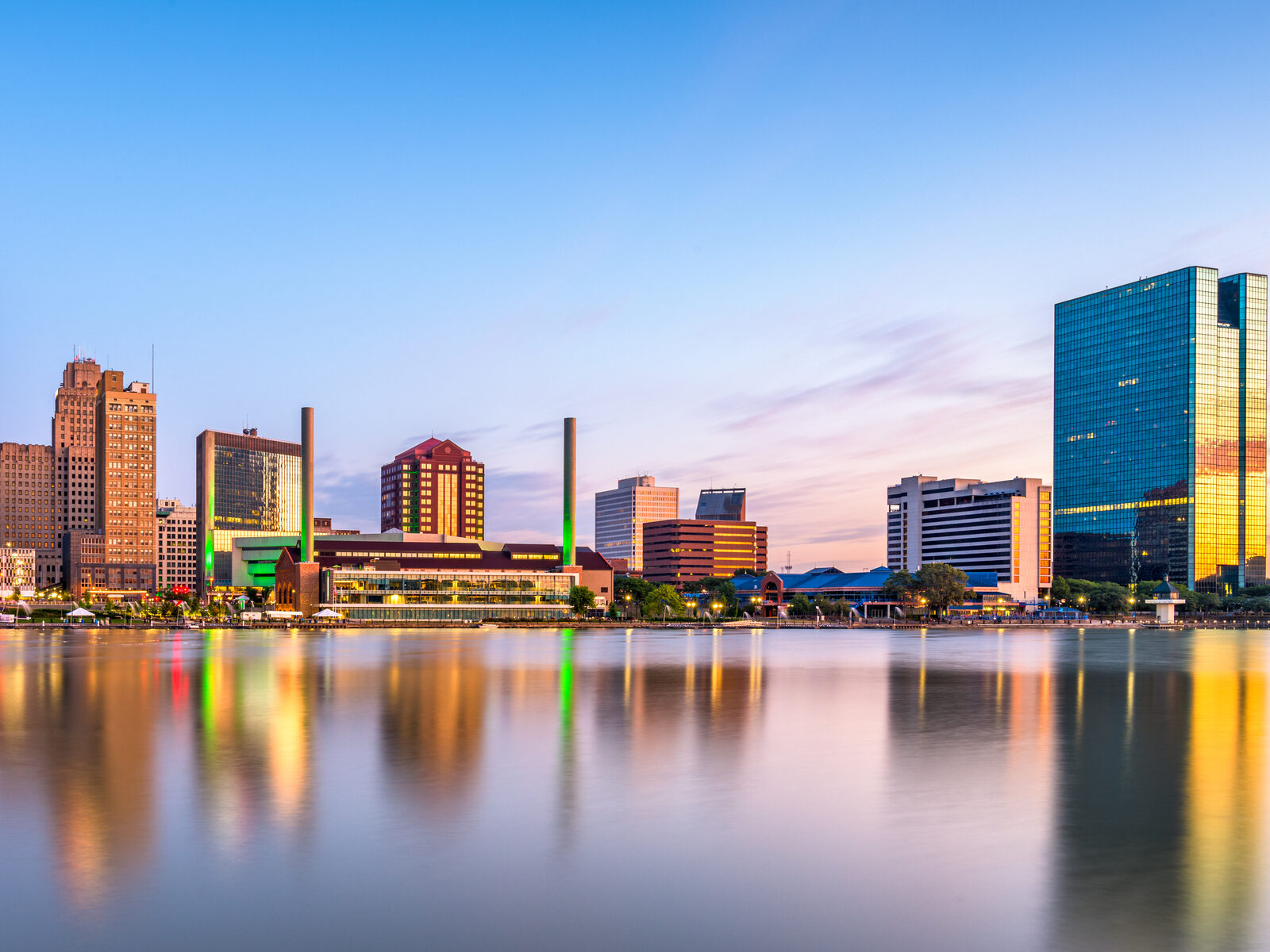 Downtown Toledo skyline at dusk reflected in the Maumee River